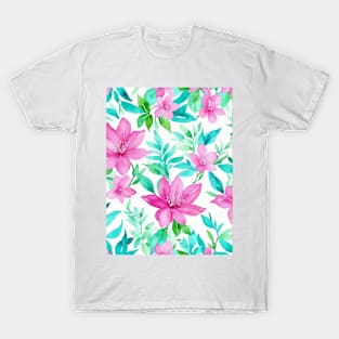 watercolor pink teal flower and leaf T-Shirt